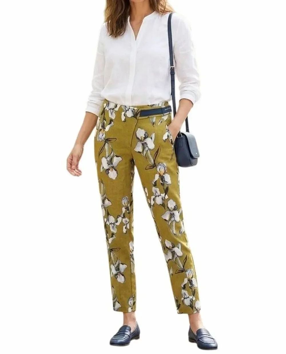 Zara Basic green & white iris floral tweed ankle dress pants womens S